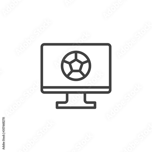 Soccer Live Match line icon. linear style sign for mobile concept and web design. TV monitor with soccer ball outline vector icon. Symbol, logo illustration. Vector graphics