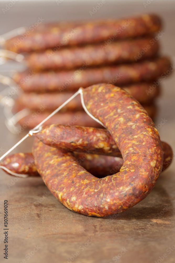 Fototapeta premium Dried sausage made according to traditional Bulgarian recipe