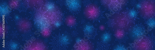 Blue christmas banner with snowflakes and stars. Merry Christmas and Happy New Year greeting banner. Horizontal new year background, headers, posters, cards, website.Vector illustration