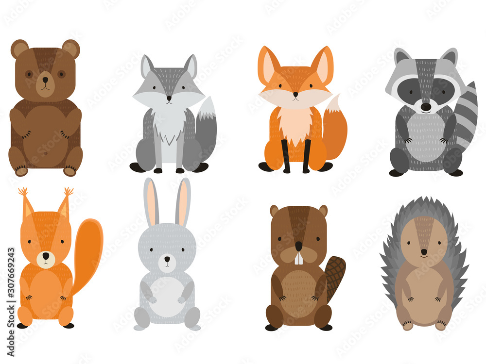 Vector set of cute forest animals. Wild woods animals: raccoon, deer,  squirrel, hedgehog, hare, bear, fox, beaver and wolf. Cartoon illustration  for children Stock Vector | Adobe Stock