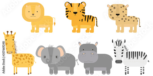 Vector set of cute animals. Jungle and savanna animals: tiger, cheetah, lion, zebra, giraffe, hippopotamus, elephant. Cartoon illustration for children