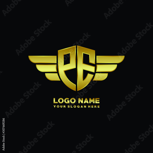 initial letter PE shield logo with wing vector illustration, gold color