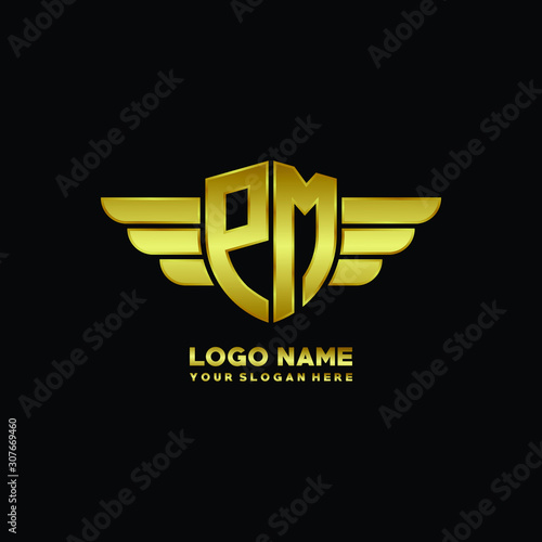initial letter PM shield logo with wing vector illustration, gold color