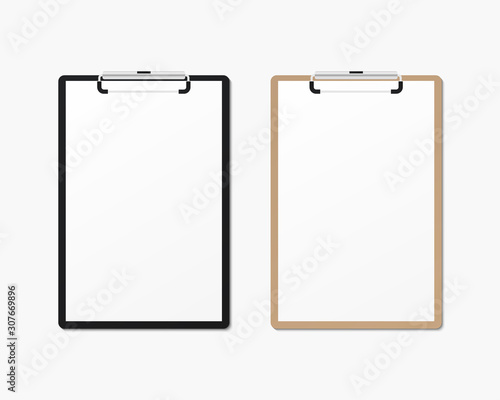 Realistic clipboard with blank paper mockup. Vector template for business and branding identity.