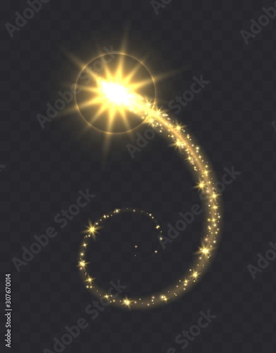 Glowing magic swirl, golden light trail effect with sparkles, waves with flashlights isolated on dark transparent background.