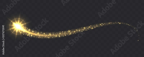 Glowing magic swirl, golden light trail effect with sparkles, waves with flashlights isolated on dark transparent background.