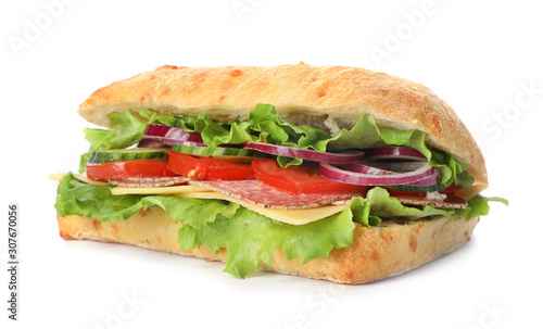 Delicious sandwich with fresh vegetables and salami isolated on white