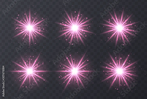Light flares set isolated on transparent background. Pink lens flares, bokeh, sparkles, shining stars with rays collection. Glowing vector light effect. Vector illustration.