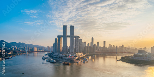 High angle sunny scenery of Chaotianmen Pier in Chongqing, China