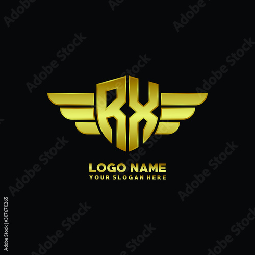 initial letter RX shield logo with wing vector illustration, gold color