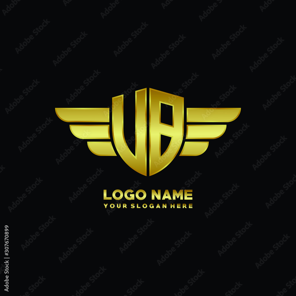 initial letter UB, VB shield logo with wing vector illustration, gold color initial letter UB, VB shield logo with wing vector illustration, gold color