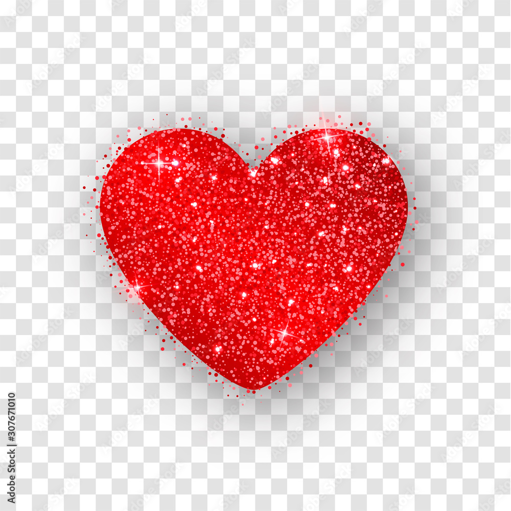 Red glitter Valentines day heart isolated transparent background. Vector illustration. Festive decorations bright glitter placer. Holiday love decor illustration