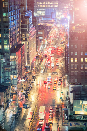NEW YORK CITY - DECEMBER 2018  Night street traffic and buildings