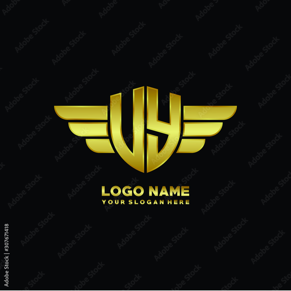 initial letter UY, VY shield logo with wing vector illustration, gold color initial letter UY, VY shield logo with wing vector illustration, gold color