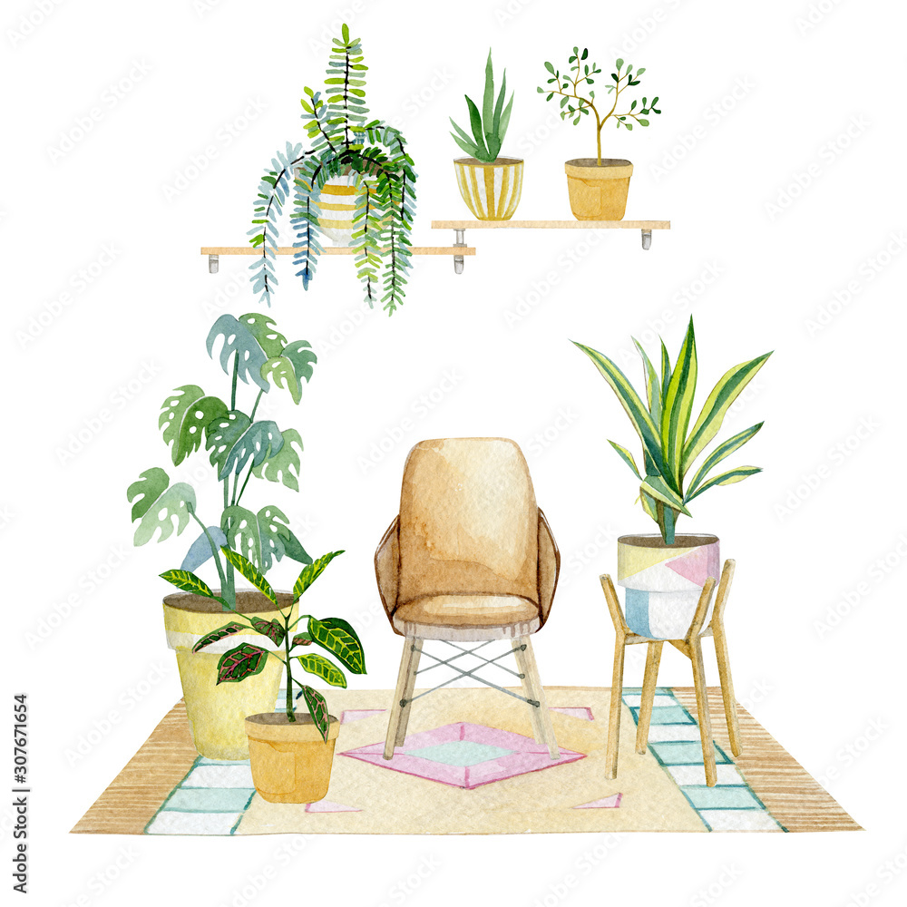 Warecolor interior with house plants in pots and equipment home decor. Hand painted decorative greenery collection for your trendy design for greeting card, poster, invintation print.