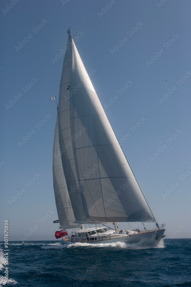 Luxury Sailing yacht. Sailing at Mediterranean Sea. Palma de Mallorca Spain. Full sail. Cinderella