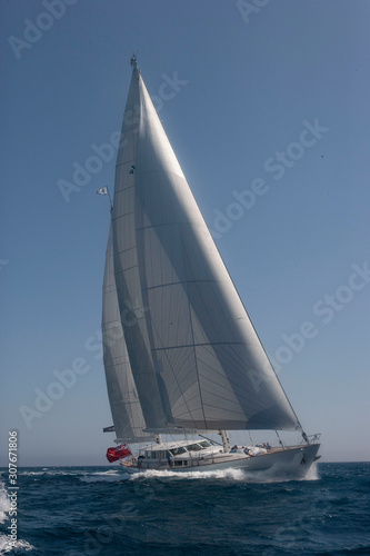 Luxury Sailing yacht. Sailing at Mediterranean Sea. Palma de Mallorca Spain. Full sail. Cinderella