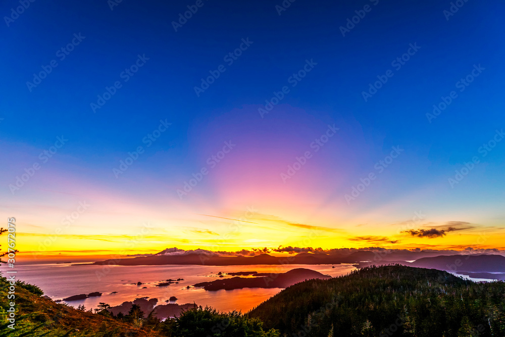 Panorama Sunset Over Mountains, Ocean, Islands 