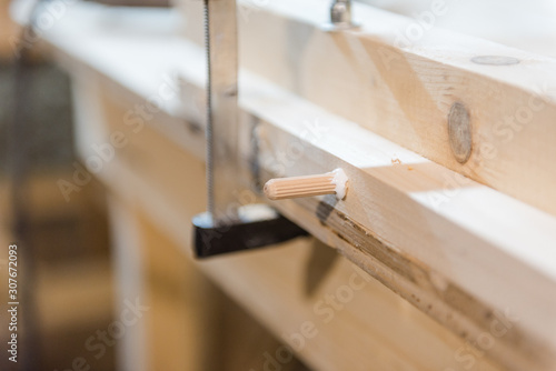 hammer dowels in a tree. man hammer dowels into a wooden surface.