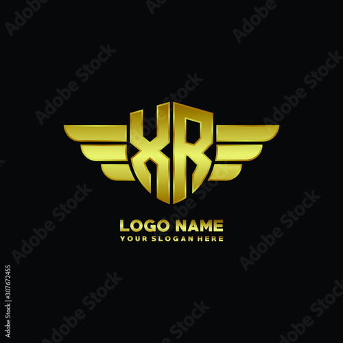 initial letter XR shield logo with wing vector illustration  gold color