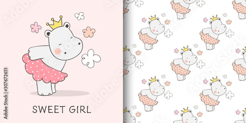 Draw greeting card and print pattern of cute hippo for fabric textiles.