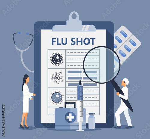 Flu shot concept. Time to vaccinate. Syringe with vaccine, bottle, vaccination calendar. Modern vector illustration for