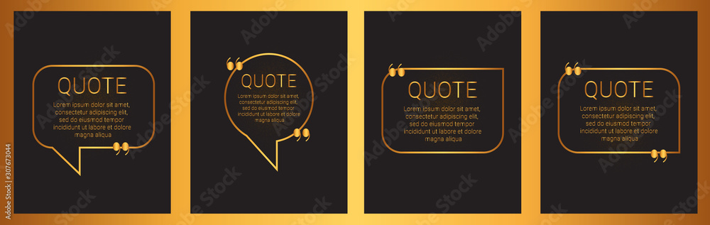 Set of quote box isolated on black background. Templates speech bubbles with space for text in a flat style. Golden quote blocks for comments, dialog - obrazy, fototapety, plakaty 