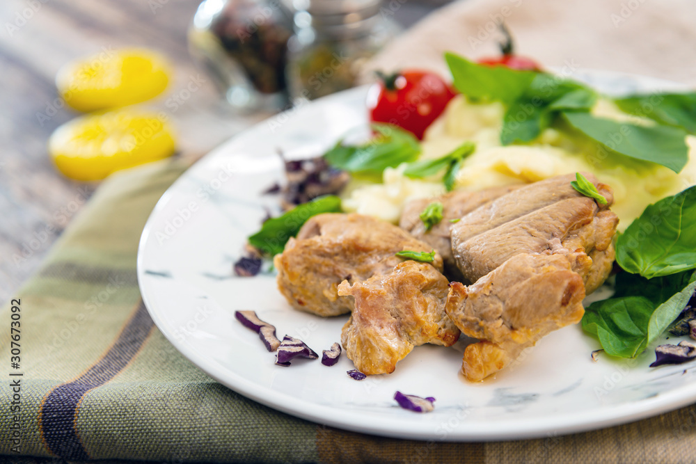 potato puree, pork cuff filet and cepes sauce potato puree, pork cuff filet and cepes sauce