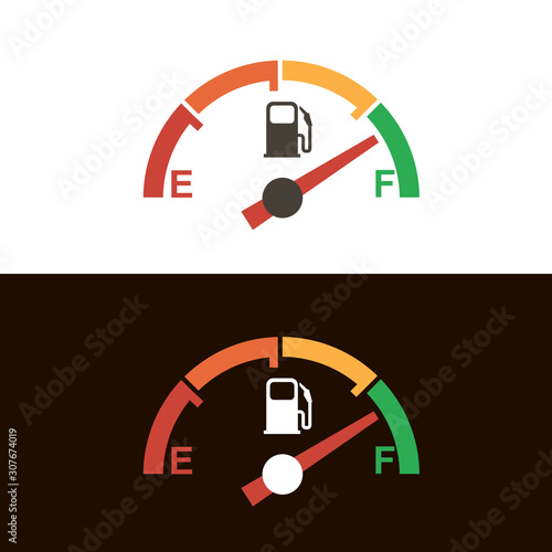 gasoline fuel gauge and pump nozzle icon isolated on black and white background
