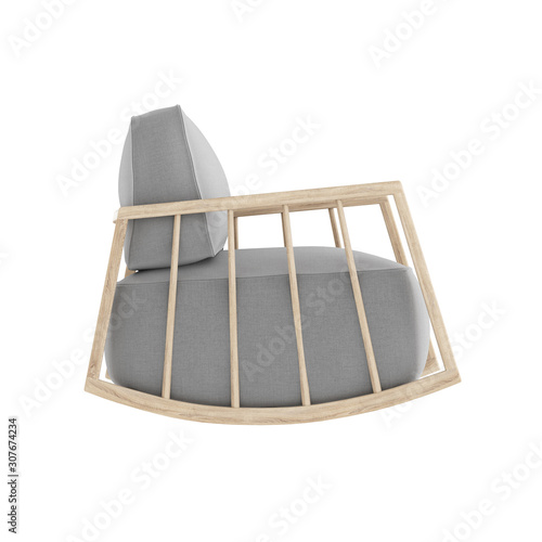 Gray soft rocking chair made of fabric on an isolated background side view. 3d rendering