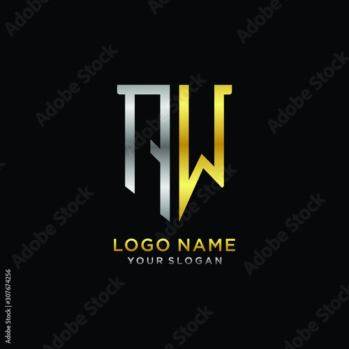 Abstract letter AW shield logo design template. Premium nominal monogram business sign.shield shape Letter Design in silver gold color