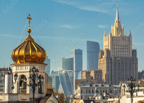 Moscow. Top view - on high-rises and domes of churches