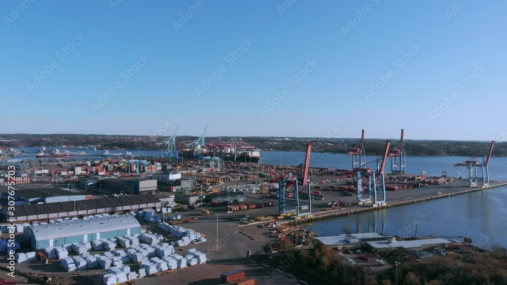 Wide Angle Aerial Shot of Port of Gothenburg, Sweden during the day. Dolly movement. Wide Angle Aerial Shot of Port of Gothenburg, Sweden during the day. Dolly movement.