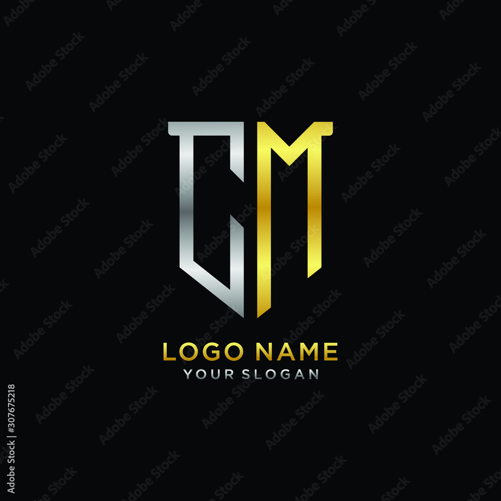 Abstract letter CM shield logo design template. Premium nominal monogram business sign.shield shape Letter Design in silver gold color Abstract letter CM shield logo design template. Premium nominal monogram business sign.shield shape Letter Design in silver gold color