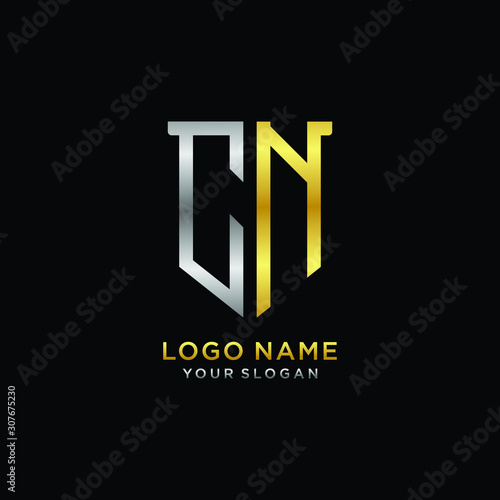 Abstract letter CN shield logo design template. Premium nominal monogram business sign.shield shape Letter Design in silver gold color