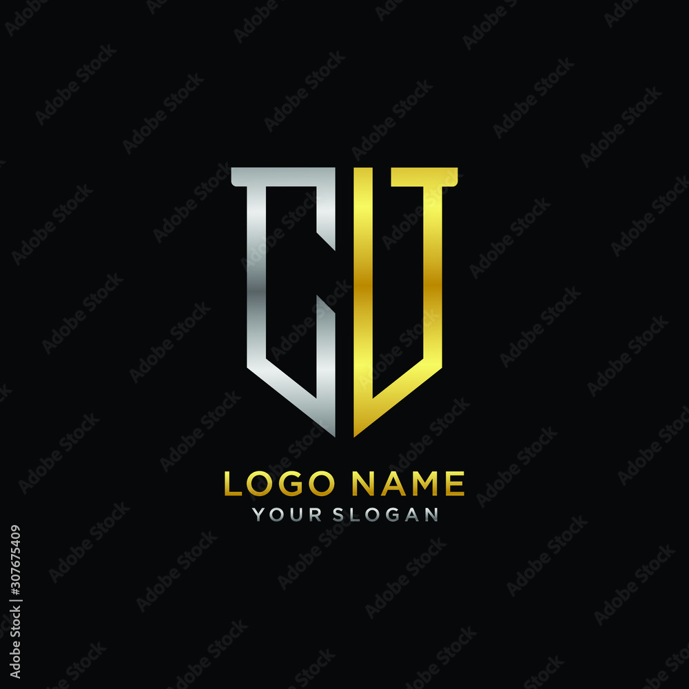 Obraz premium Abstract letter CV shield logo design template. Premium nominal monogram business sign.shield shape Letter Design in silver gold color