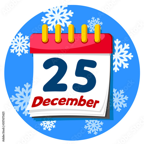 Calendar book with the date December 25 on a winter background.
