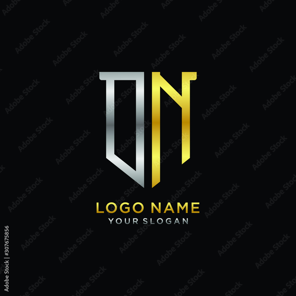 Abstract letter DN shield logo design template. Premium nominal monogram business sign.shield shape Letter Design in silver gold color Abstract letter DN shield logo design template. Premium nominal monogram business sign.shield shape Letter Design in silver gold color