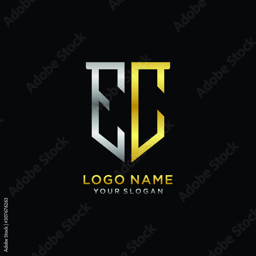 Abstract letter EC shield logo design template. Premium nominal monogram business sign.shield shape Letter Design in silver gold color