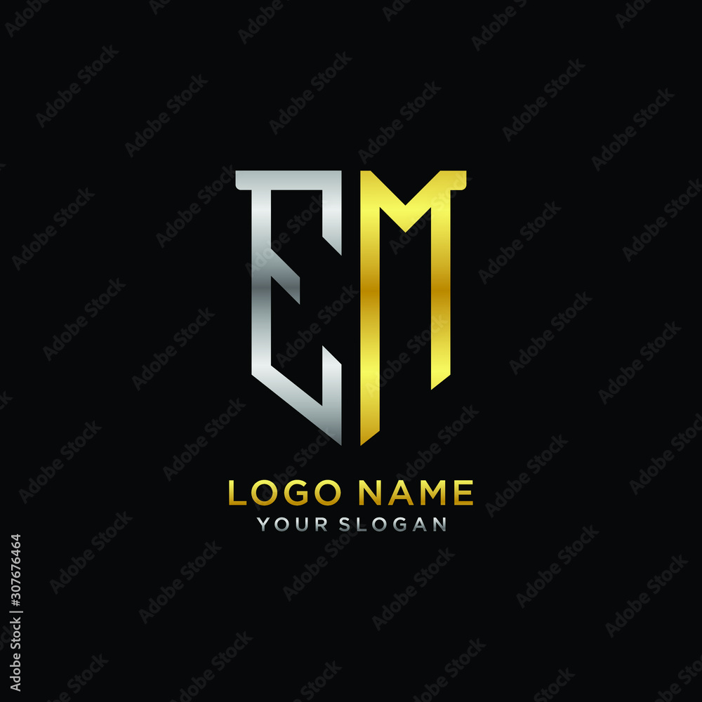 Obraz premium Abstract letter EM shield logo design template. Premium nominal monogram business sign.shield shape Letter Design in silver gold color