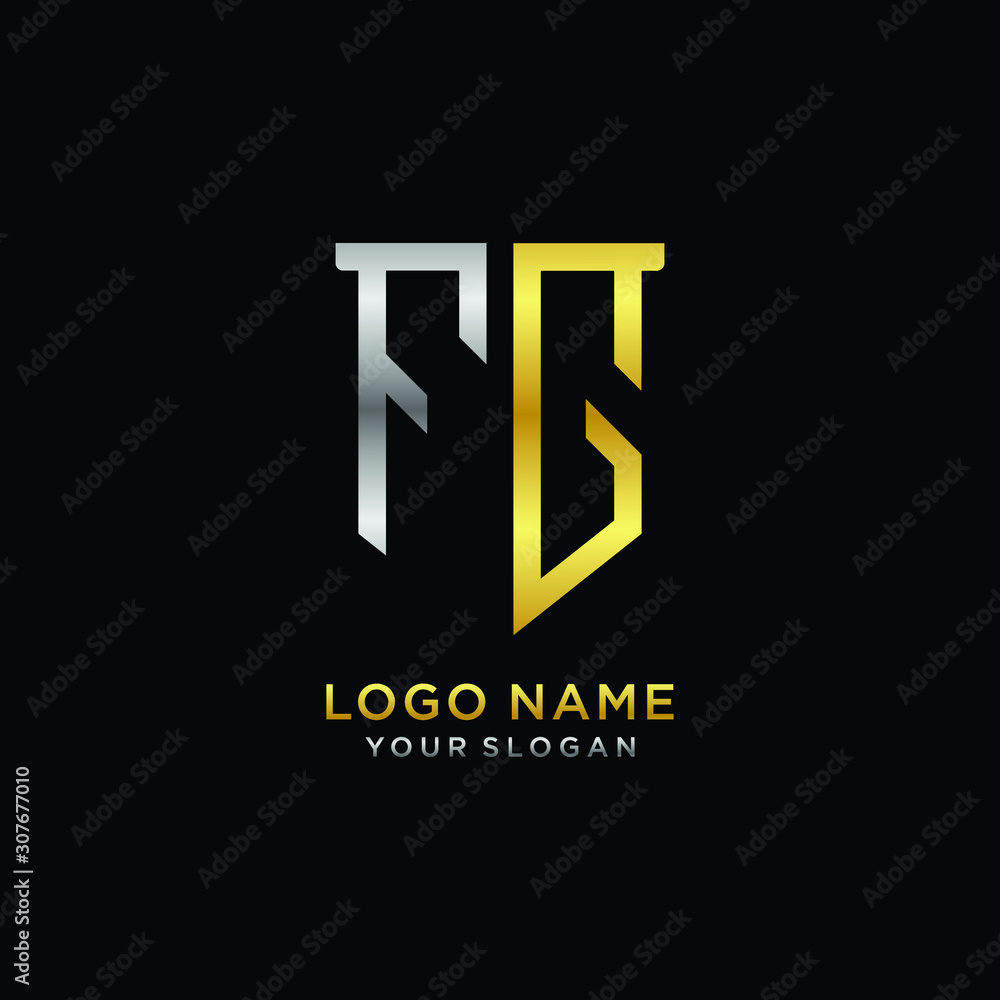 Abstract letter FG shield logo design template. Premium nominal monogram business sign.shield shape Letter Design in silver gold color Abstract letter FG shield logo design template. Premium nominal monogram business sign.shield shape Letter Design in silver gold color