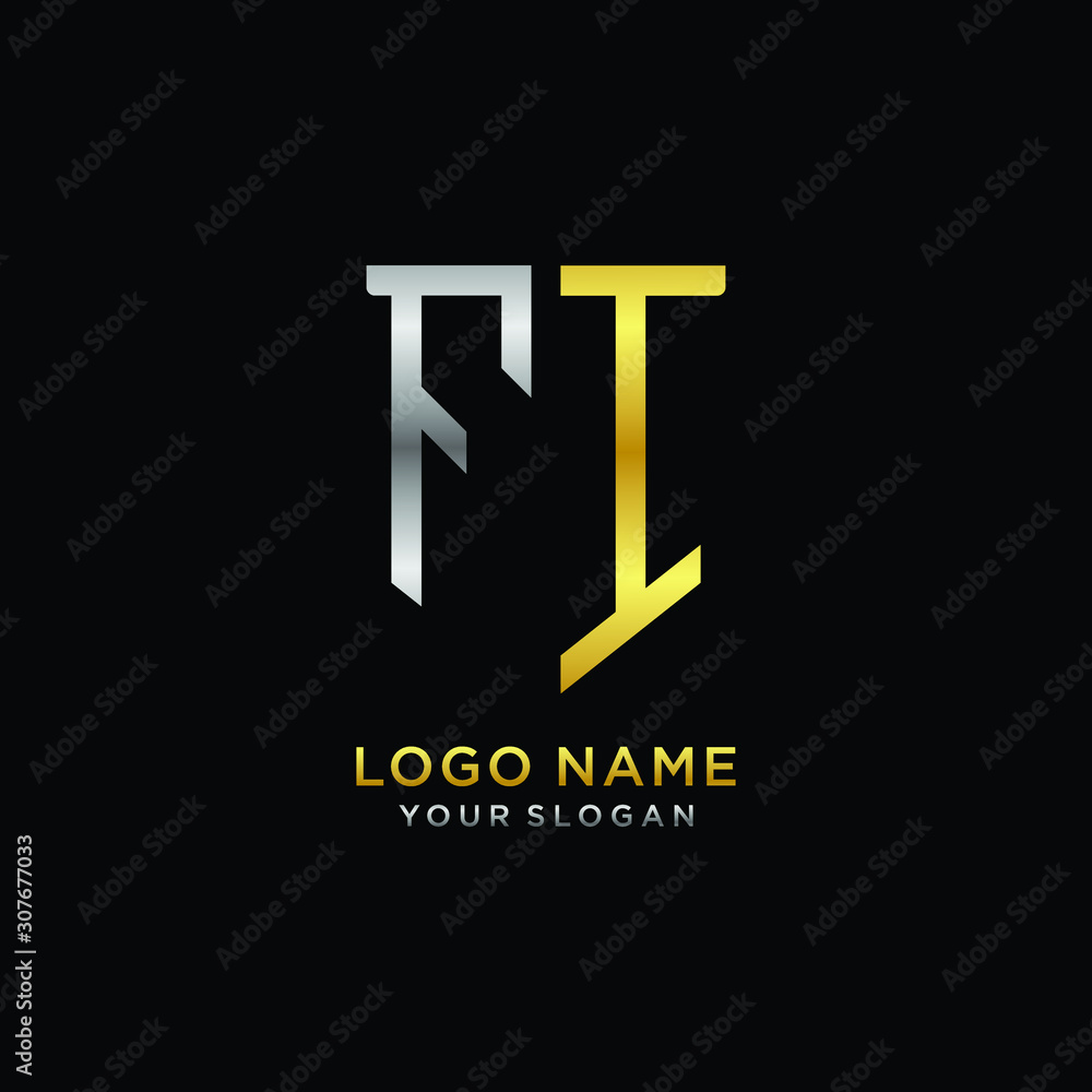 Obraz premium Abstract letter FI shield logo design template. Premium nominal monogram business sign.shield shape Letter Design in silver gold color