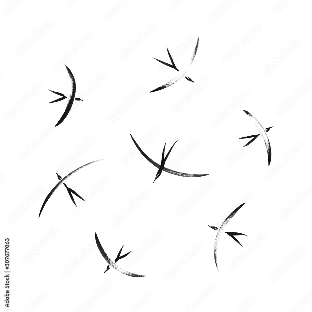 Simple stylized flying wild birds collection. Vector animal illustration, hand drawn graphic silhouettes painted by ink