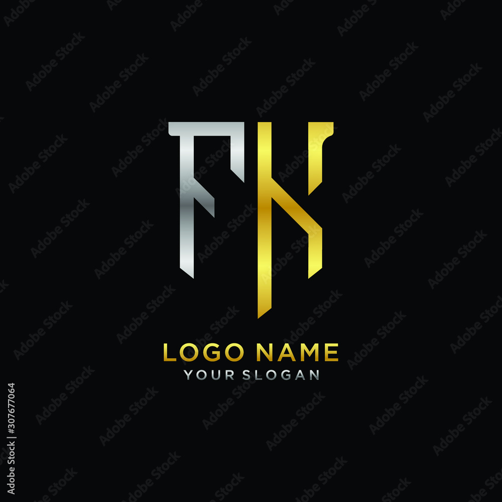 Abstract letter FK shield logo design template. Premium nominal monogram business sign.shield shape Letter Design in silver gold color Abstract letter FK shield logo design template. Premium nominal monogram business sign.shield shape Letter Design in silver gold color