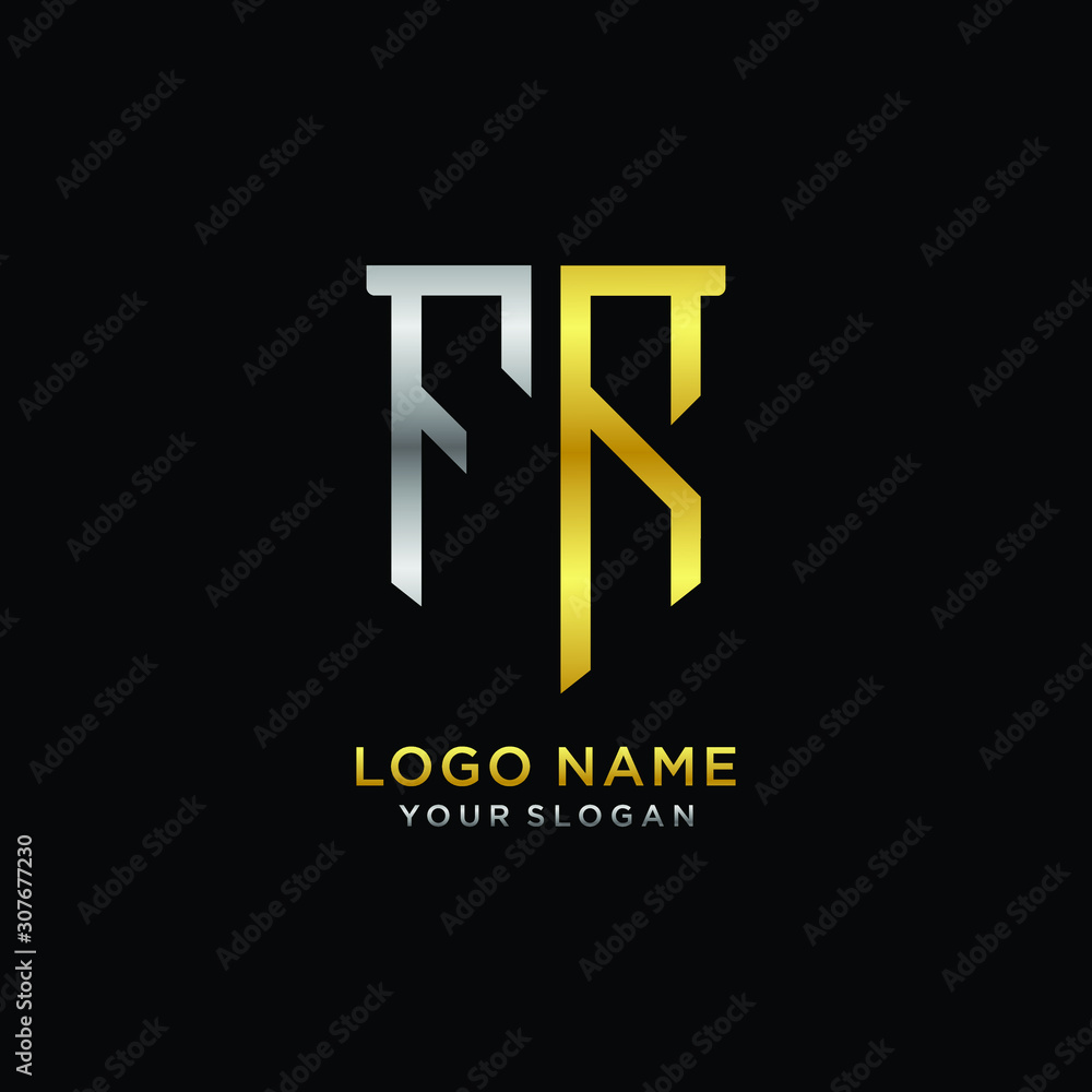 Abstract letter FR shield logo design template. Premium nominal monogram business sign.shield shape Letter Design in silver gold color Abstract letter FR shield logo design template. Premium nominal monogram business sign.shield shape Letter Design in silver gold color