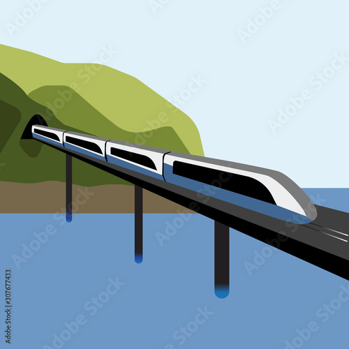 The train rides on the railway bridge. A modern passenger high-speed electric train rides out of a mountain tunnel through a bridge over the sea.