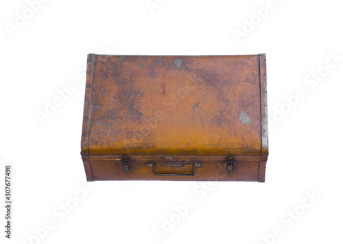 vintage brown wooden suitcase isolated on white background