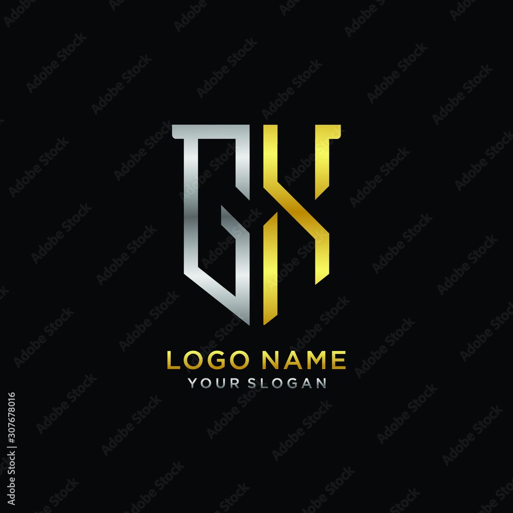 Obraz premium Abstract letter GX shield logo design template. Premium nominal monogram business sign.shield shape Letter Design in silver gold color