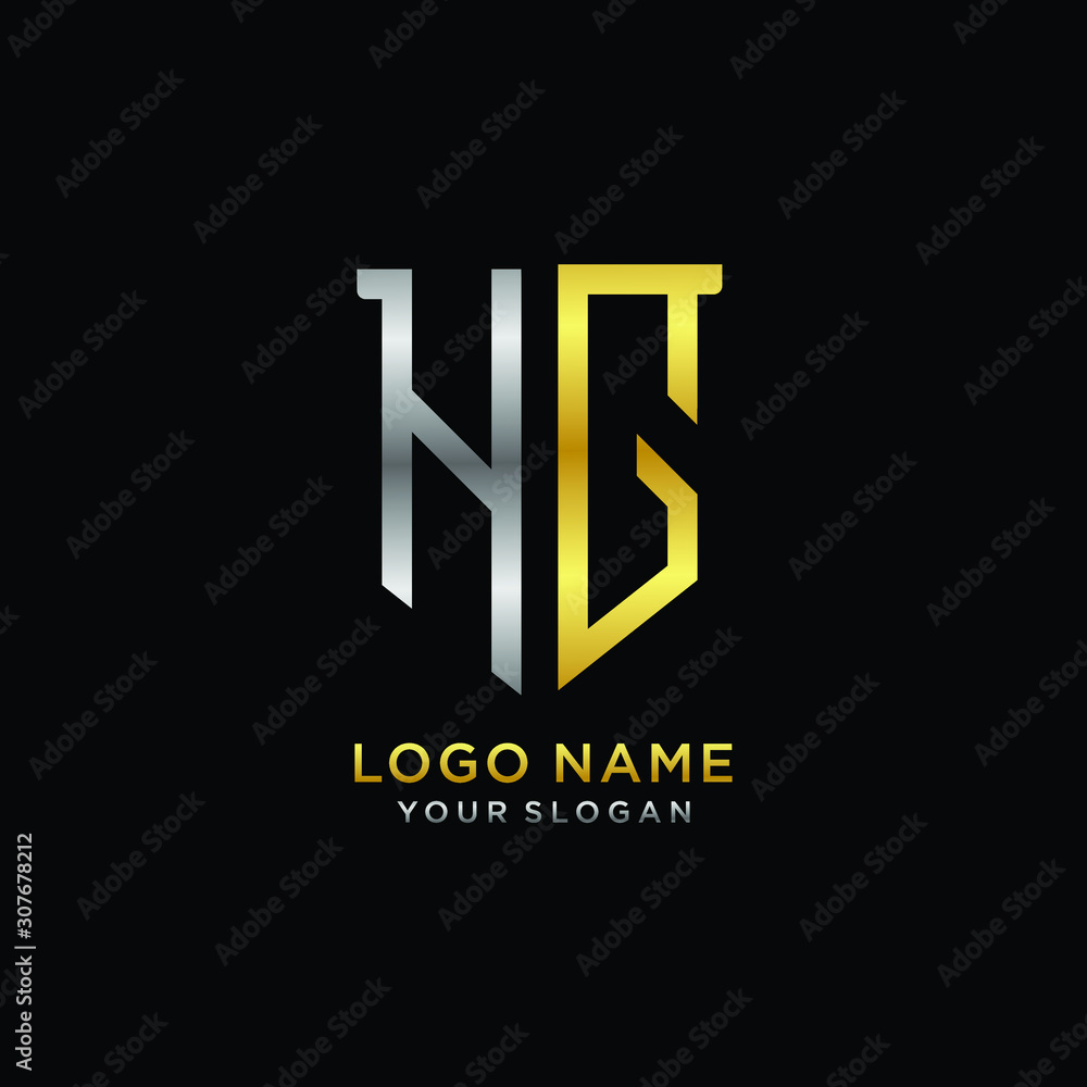 Obraz premium Abstract letter HG shield logo design template. Premium nominal monogram business sign.shield shape Letter Design in silver gold color