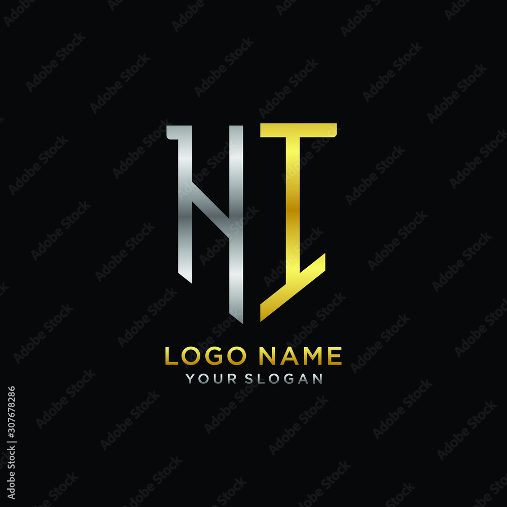 Abstract letter HI shield logo design template. Premium nominal monogram business sign.shield shape Letter Design in silver gold color Abstract letter HI shield logo design template. Premium nominal monogram business sign.shield shape Letter Design in silver gold color